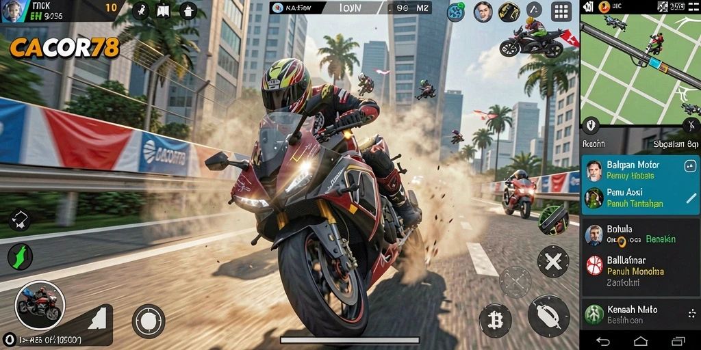 Screenshot gameplay CACOR78 dengan aksi balapan motor yang mendebarkan.