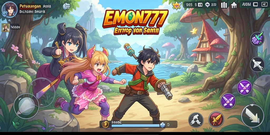 Tampilan gameplay seru dari EMON777 yang penuh karakter anime.