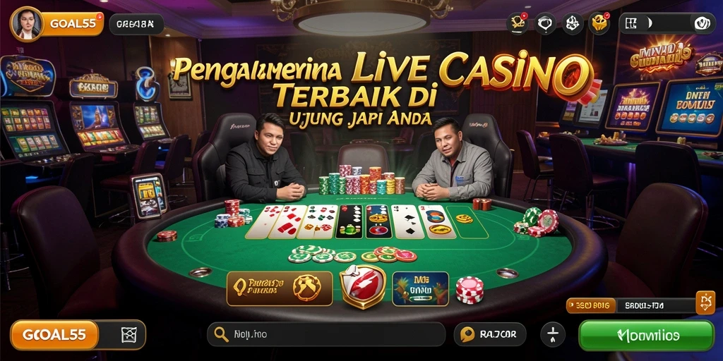 Screenshot gameplay GOAL55 menampilkan dealer langsung dan suasana seru permainan.