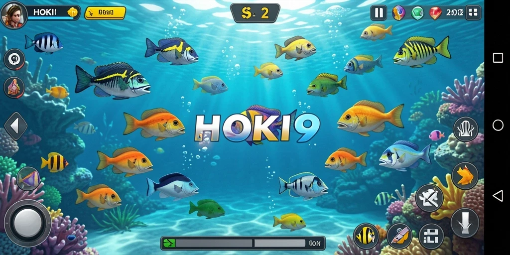 Gameplay HOKI9 dengan berbagai ikan menunggu untuk ditangkap.