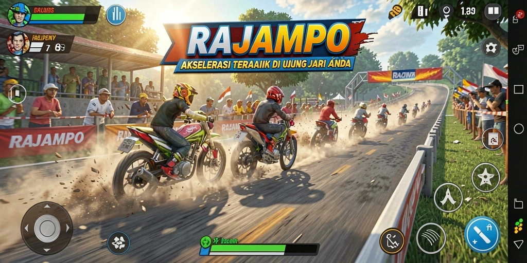 Screenshot gameplay RAJAMPO menampilkan aksi balapan yang intens dan menegangkan.