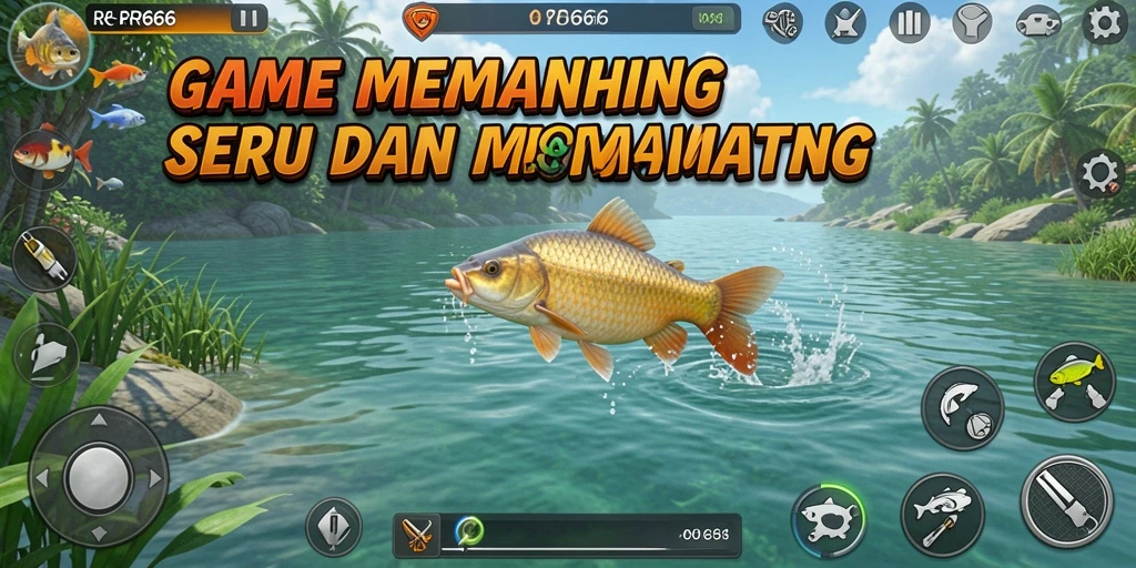 Screenshot gameplay RR666 menampilkan keseruan memancing dengan latar belakang alam yang menakjubkan.