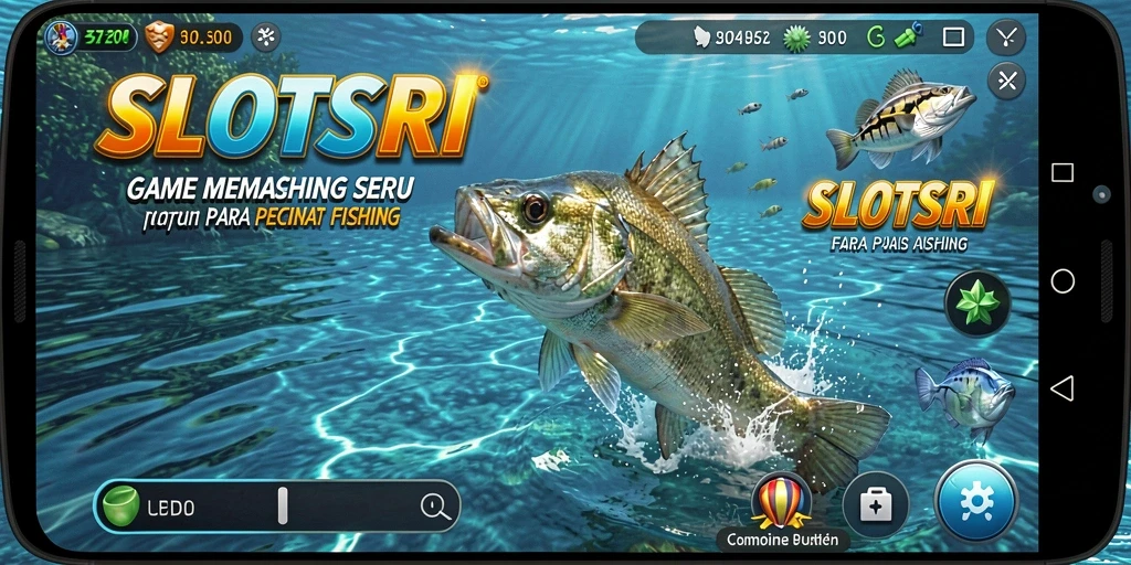 Screenshot gameplay SLOTSRI dengan aksi memancing seru di lautan.
