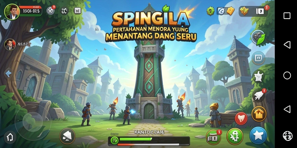 Tangkapan layar gameplay SPINGILA menampilkan aksi menara pertahanan yang mendebarkan.
