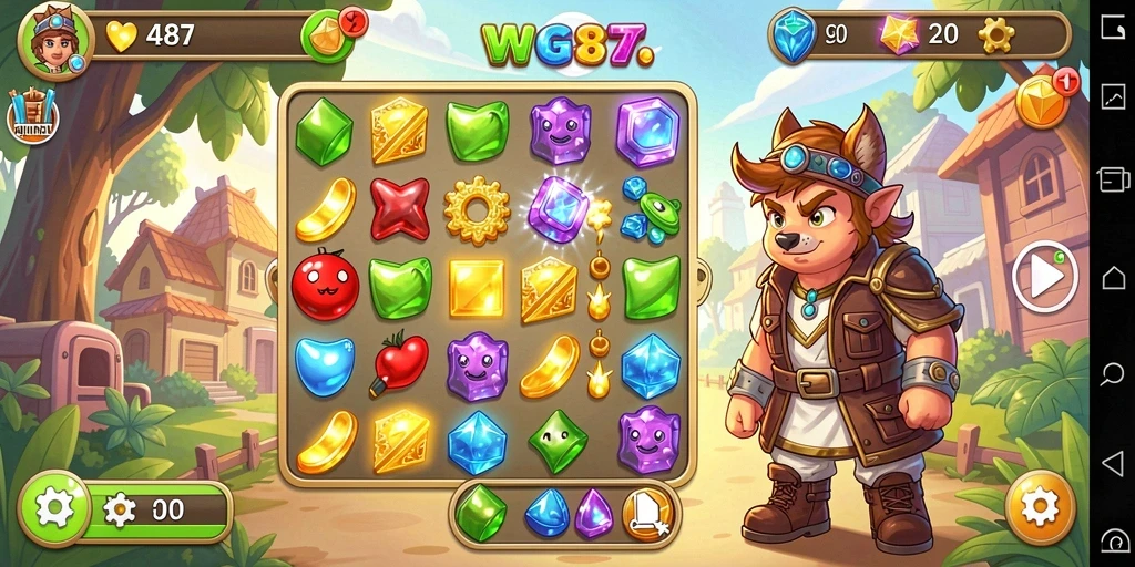 Screenshot utama <strong>WG87</strong> menampilkan gameplay Match-3 yang seru dan penuh warna.